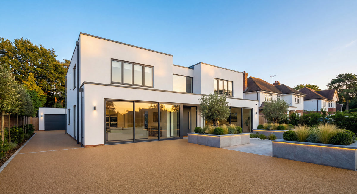 Contemporary rendered home with clean architectural lines